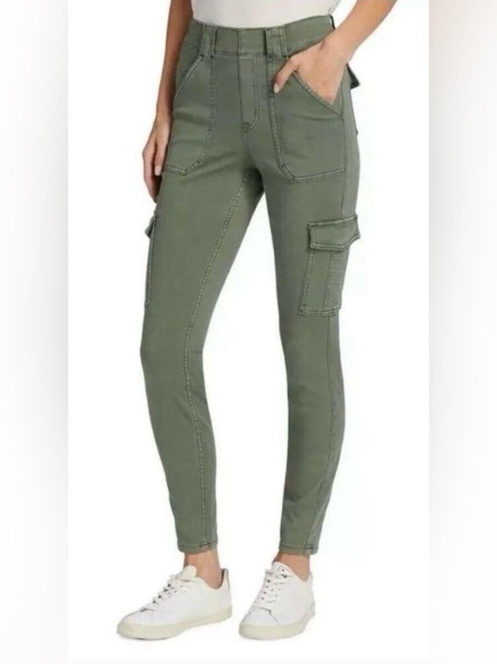 Spanx Stretch Twill Ankle Skinny Sage Green Shapewear Cargo Pants EUC Size SP